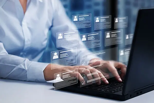 A transparent opinion poll interface hovers above a laptop.