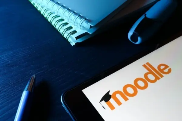 Moodle logo on a tablet computer.