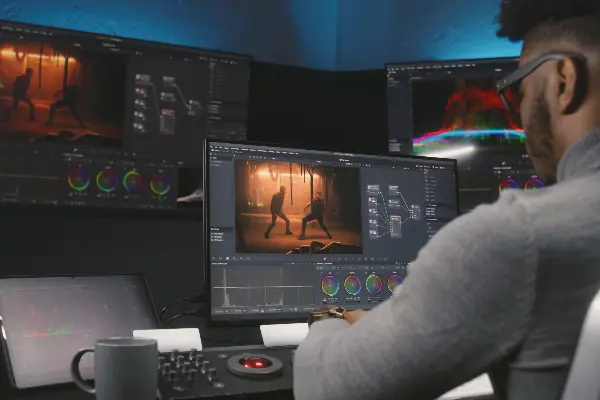 A man uses three screens to edit a video.