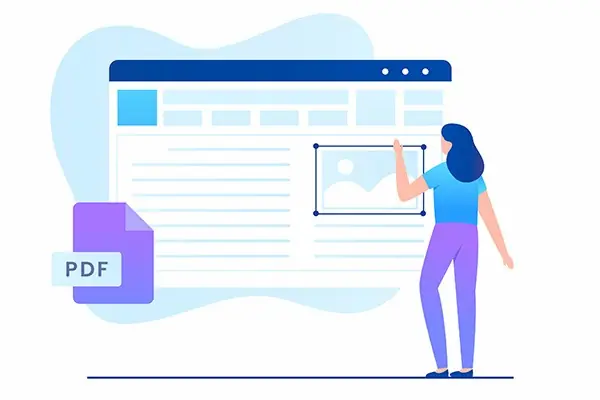 Illustration: a woman tags an image on a giant PDF.