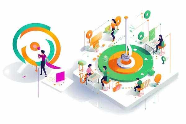 Illustration: people work in a colourful, idealised office.