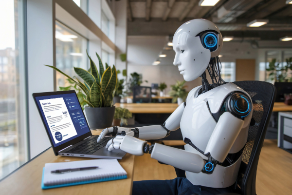 Robot yn defnyddio gliniadur