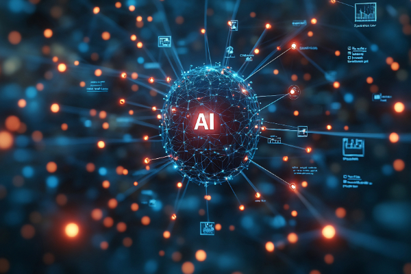 Darlun digidol o sffêr disglair gyda'r llythrennau "AI" yn y canol, wedi'i amgylchynu gan nodau ac eiconau rhyng-gysylltiedig sy'n cynrychioli technoleg a data, wedi'u gosod yn erbyn cefndir tywyll gydag effeithiau golau oren a glas.