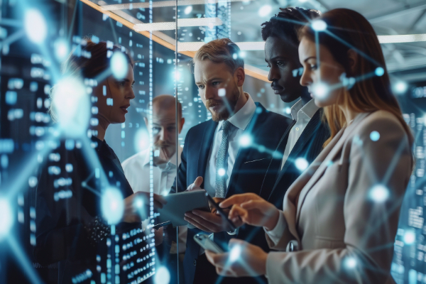 Grŵp o bobl mewn dillad busnes yn sefyll gyda'i gilydd gyda graffigwaith rhwydwaith digidol a throshaenau data yn y blaendir.