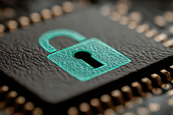 Golwg macro ar sglodyn cyfrifiadur gydag eicon clo gwyrddlas disglair ar ei arwyneb.