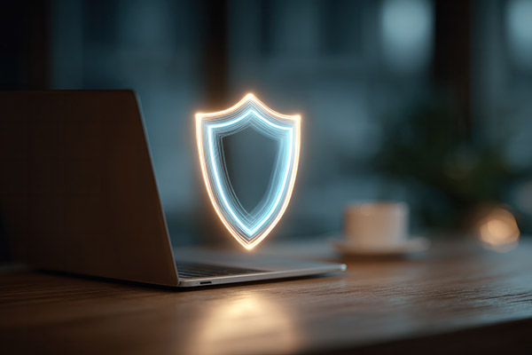 Gliniadur ar ddesg bren gydag eicon tarian disglair o'i flaen, sy'n symbol o ddiogelu.