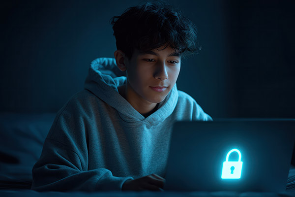 Person yn gwisgo hwdi yn defnyddio gliniadur gydag eicon clo disglair ar y sgrin mewn ystafell wedi'i goleuo'n wan.