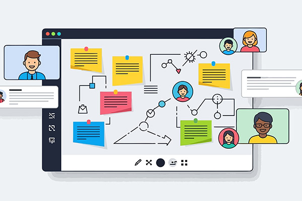 Darlun digidol o fwrdd gwyn ar-lein gyda nodiadau gludiog lliwgar, diagramau, ac eiconau proffil bach o amgylch yr ymylon.