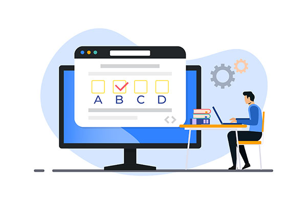 Person using a laptop to complete an online multiple-choice quiz displayed on a large monitor, concept of digital learning and interactive assessments.