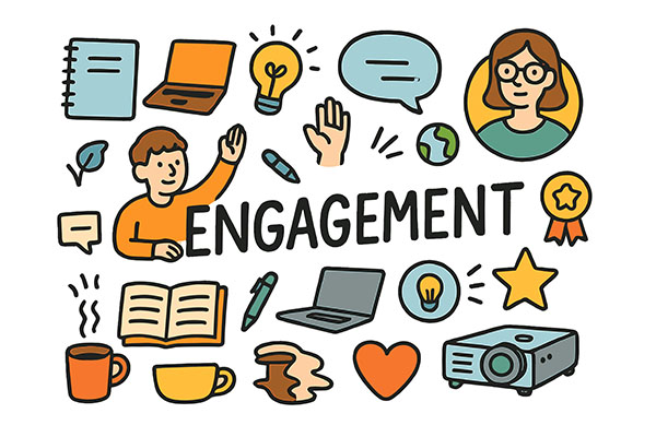 Illustration of engagement icons including laptop, lightbulb, speech bubbles, and books, representing active learning and digital classroom interaction.