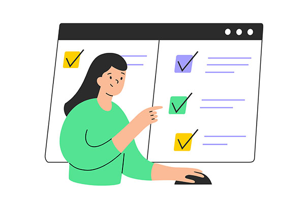 Illustration of a person selecting answers on a checklist interface, representing online surveys and interactive learning platforms.