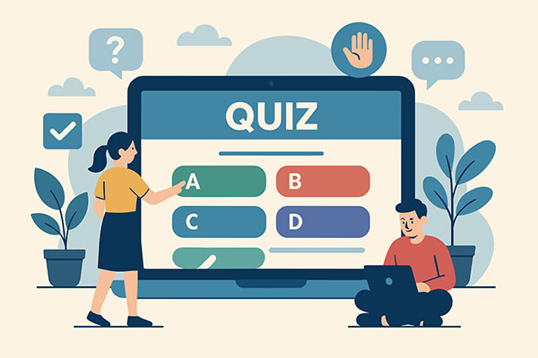 Two people interacting with a large screen displaying a multiple-choice quiz interface, concept of collaborative online learning and student engagement.
