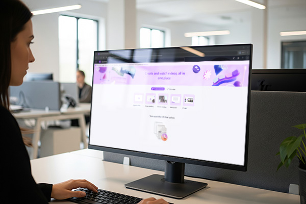 Monitor cyfrifiadur yn arddangos rhyngwyneb creu fideo Clipchamp mewn lleoliad swyddfa.