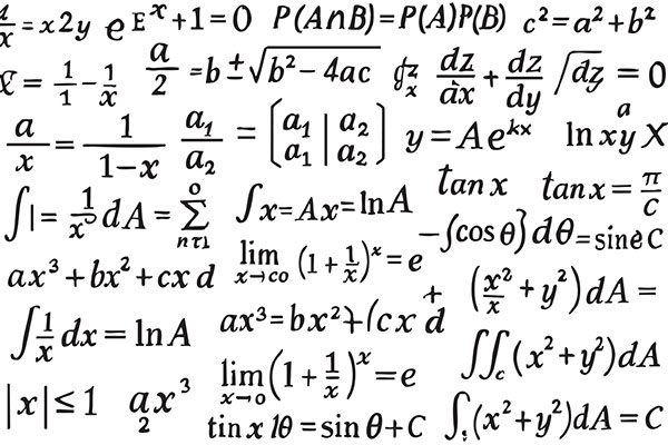Casgliad o hafaliadau a mynegiadau mathemategol wedi'u hysgrifennu ar ffurf testun