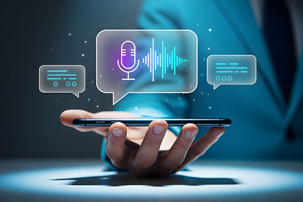 Dyn yn dal ffôn clyfar gyda delwedd gysyniadol o dechnoleg cynorthwyydd llais ac adnabod lleferydd i’w weld uwch ei ben