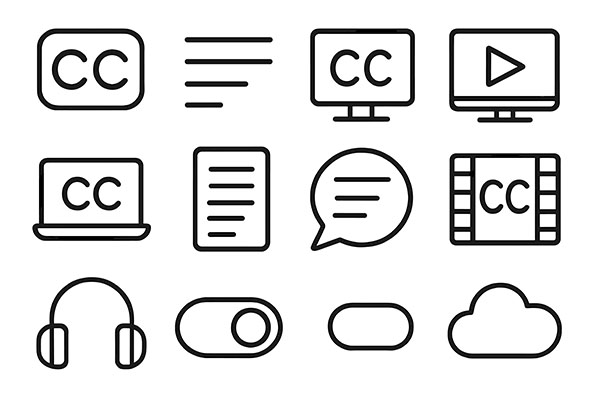 Set o eiconau amlinellol du ar gefndir gwyn, yn cynnwys symbolau capsiynau caeedig, llinellau testun, botwm chwarae, swigen lleferydd, stribed ffilm, clustffonau, botymau togl, a chwmwl