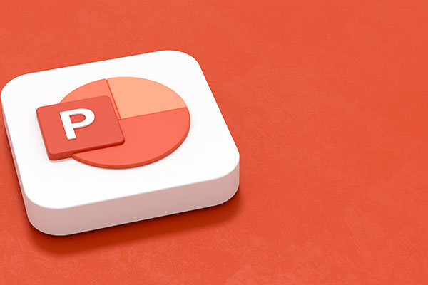 3D icon of the Microsoft PowerPoint logo in red tones on a red background