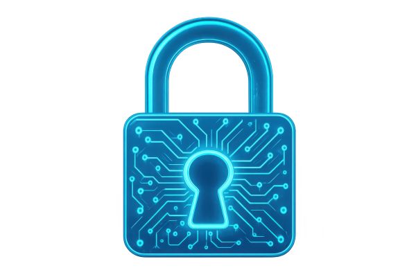 Futuristic glowing padlock with a circuit board pattern, representing cybersecurity and data protection, on a transparent background