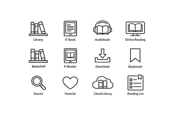 Set of simple line icons showing library‑related symbols, including books, ebook, audiobook, online reading, bookshelf, e‑reader, download, bookmark, search, favourite, cloud library and reading list