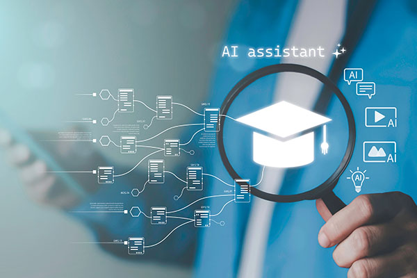 Close-up of a magnifying glass over a glowing graduation cap icon, surrounded by digital data flows and ‘AI assistant’ text, symbolising AI-powered learning and analysis