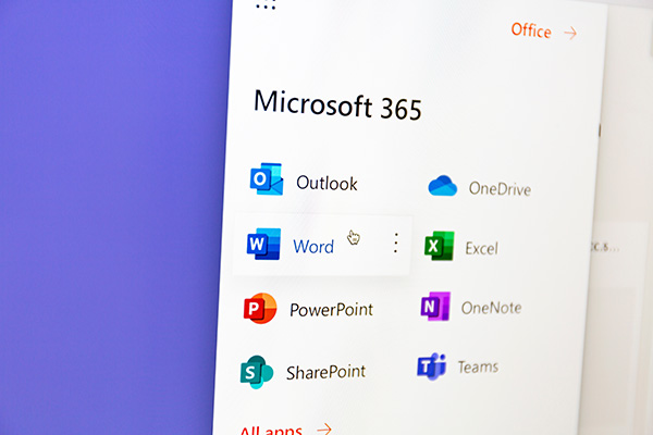 Microsoft 365 app launcher showing shortcuts to Outlook, OneDrive, Word, Excel, PowerPoint, OneNote, SharePoint and Teams.